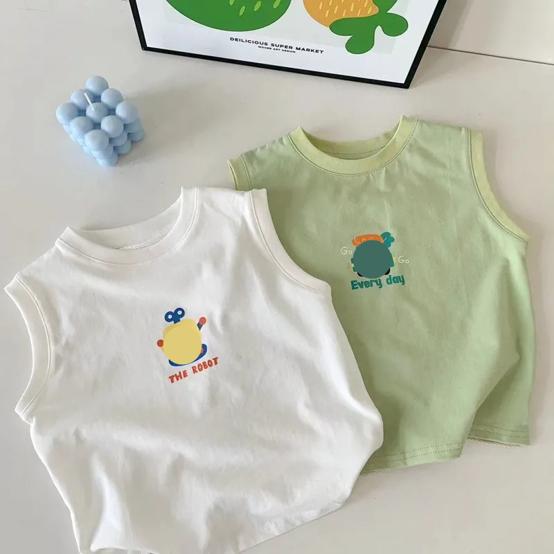 Boys and Girls Summer Vest Baby Fashionable Kidsren's Stylish Trendy Korean Cartoon Letters Breathable Mesh Sleeveless T-Shirt