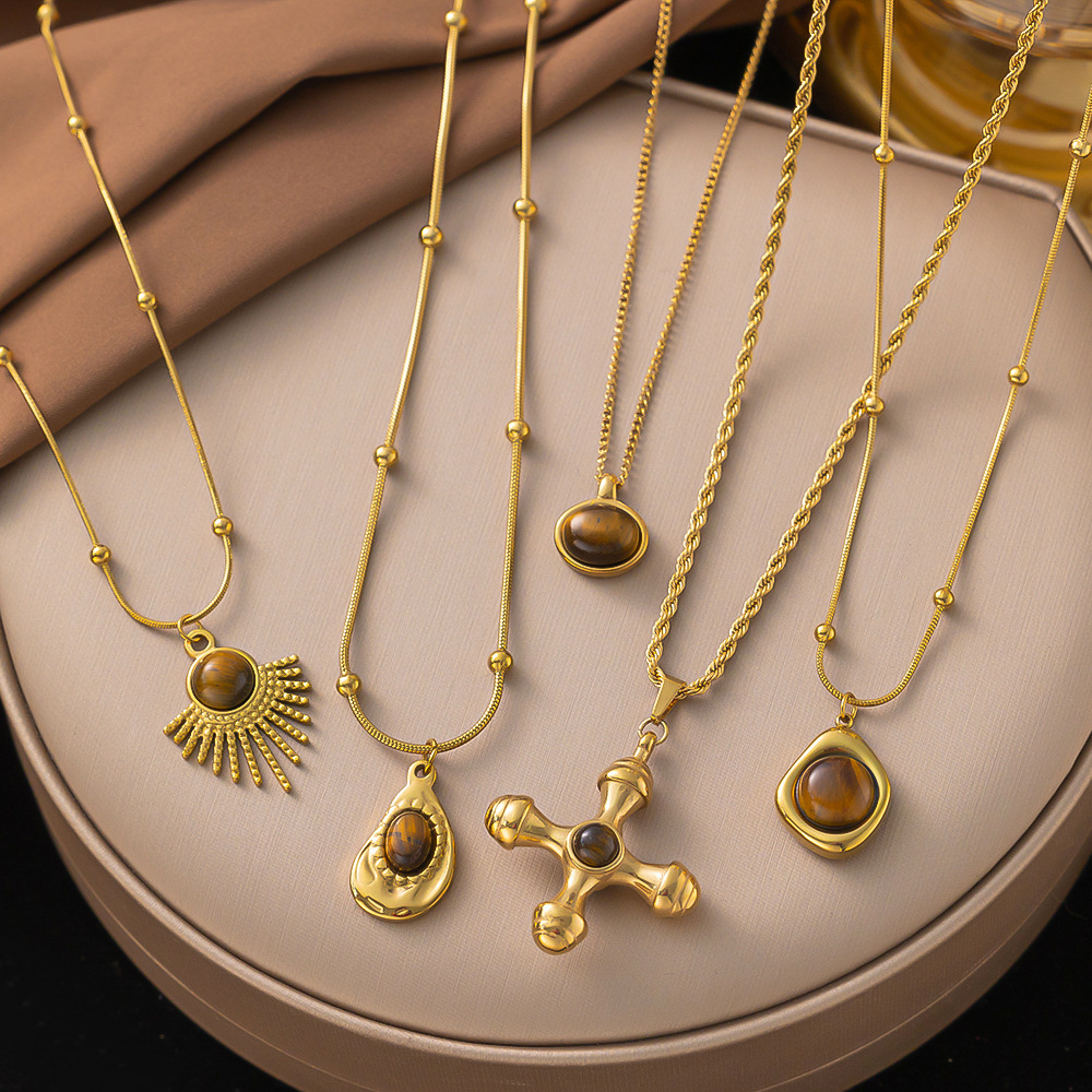 Maillard Tiger Eye Stone Necklace Women's Titanium Steel Autumn and Winter Sweater Chain 2023 New Hot Style Light Luxury Niche Accessories Pendant