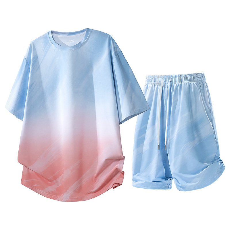Two-Piece Set of Men's Loose-Fitting Thin Short-Sleeved Shorts Paired with a Trendy Youth Summer Gradient Color Casual Sports Suit