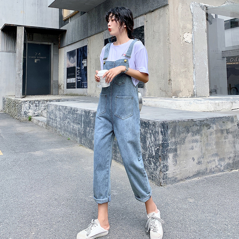 Korean Style High-Waisted Ripped Denim Overalls for Women, 2026 New Loose Fit Slimming Cropped Straight-Leg Pants