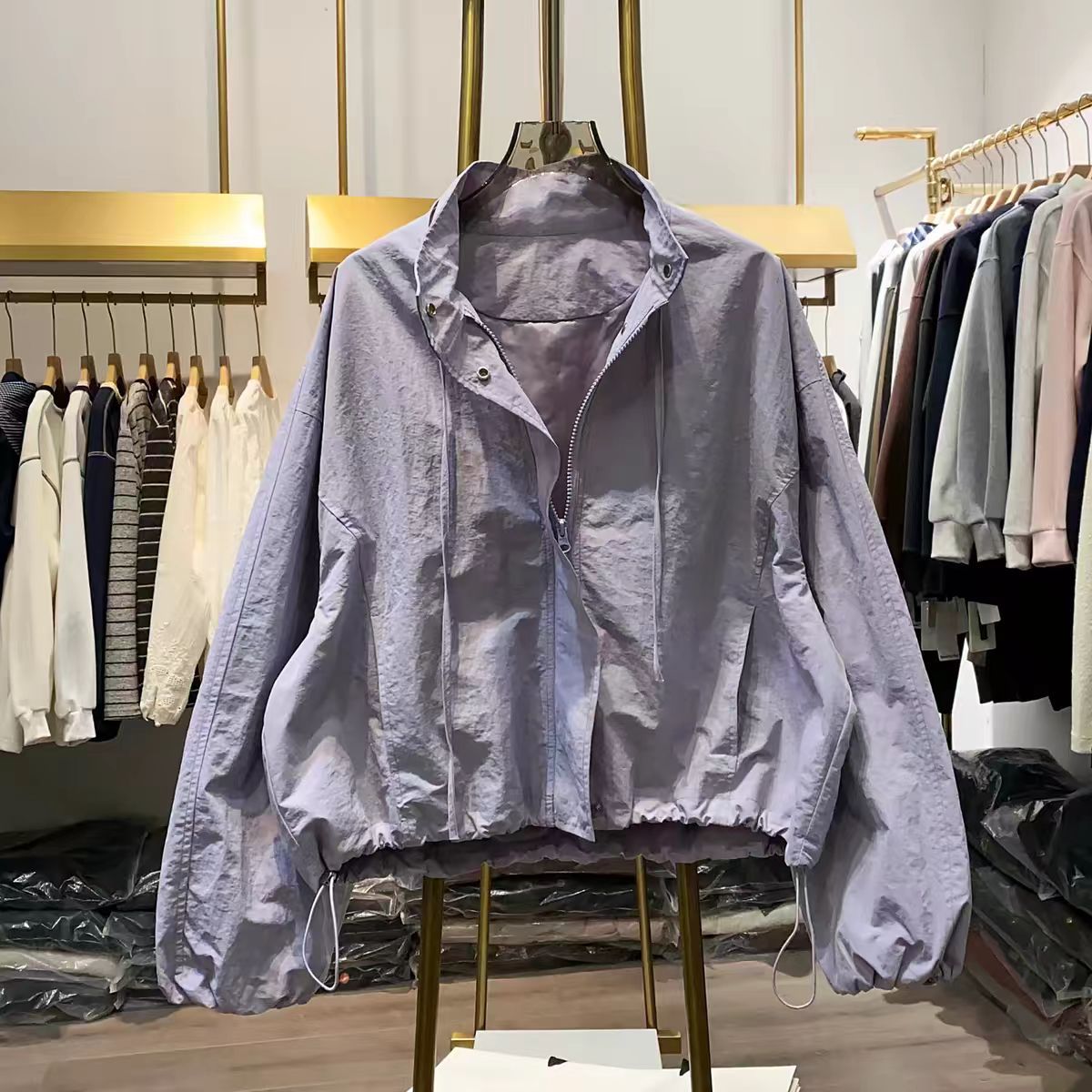 2026 Spring New Korean Style Stand Collar Drawstring Workwear Short Jacket for Women, Loose Fit, Slimming, Casual Versatile Jacket