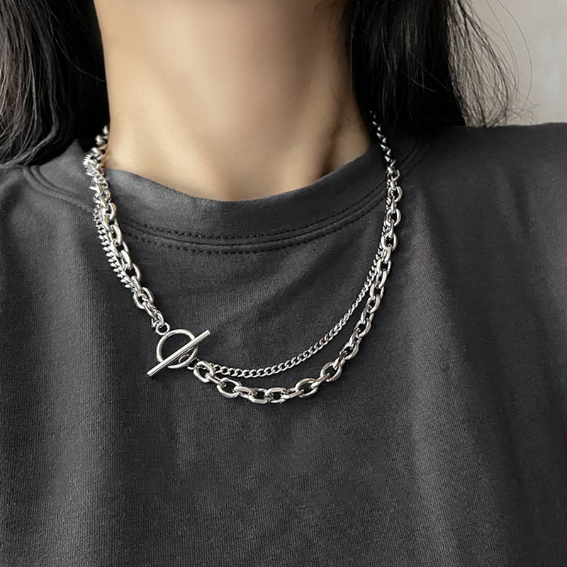European and American personality double-layer otbuckle necklace men's and women's simple hip hop punk thick and thin chain short sweater chain sweater chain