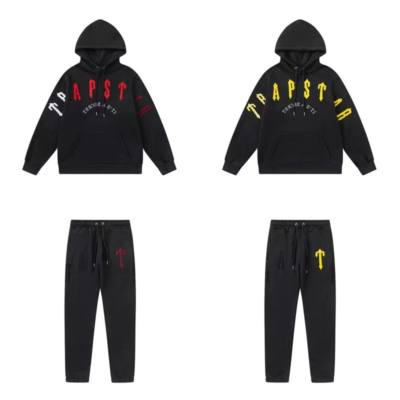 Trapstar gradient letter towel embroidered with velvet hooded sweatshirt and pants for men and women, European and American sports and leisure set