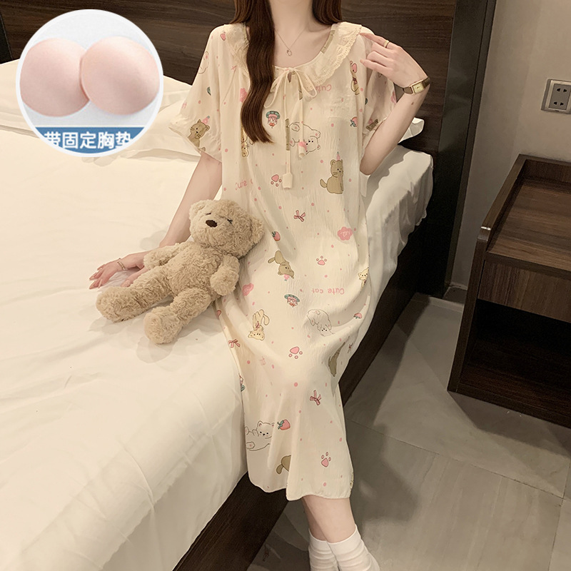 Dress with Breast Pads, Summer Women's Nightgown, Short-Sleeved Pajamas, Summer Skirt, Cartoon Loose Version, Plus Size Home Clothes