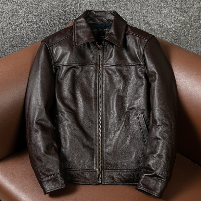 Factory Clearance Sale, Genuine First-Layer Cowhide Leather, Men's Simple Casual Short Leather Jacket Foto QC de TAOBAO na Qualit.ly