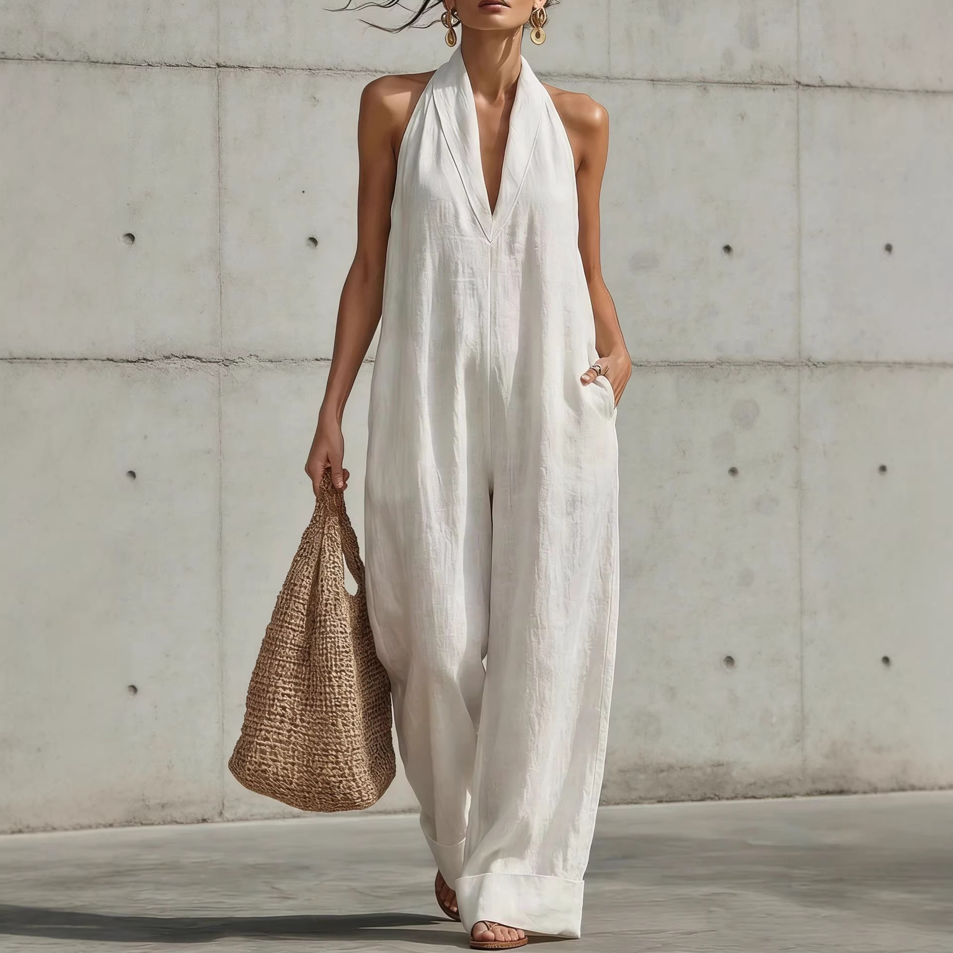 In Stock 2026 Amazon European and American Cross-Border Spring and Summer New Cotton and Linen Simple and Elegant Sleeveless Casual Jumpsuit for Women