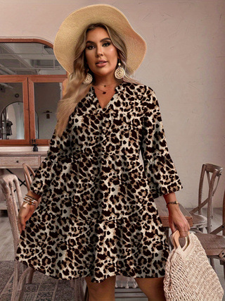 2025 New Casual Women's Dress Design Nine-Point Bell Sleeve Leopard Print Painted Cake Skirt Mid-Skirt