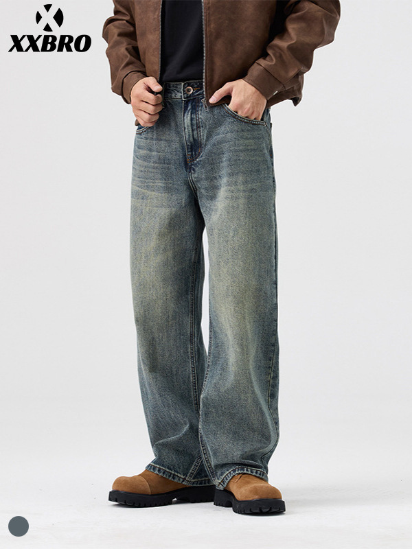 Muxi Clothing # 2024 Autumn New Washed Vintage Men's Jeans Retro Loose Floor-Length Wide-Leg Straight Pants