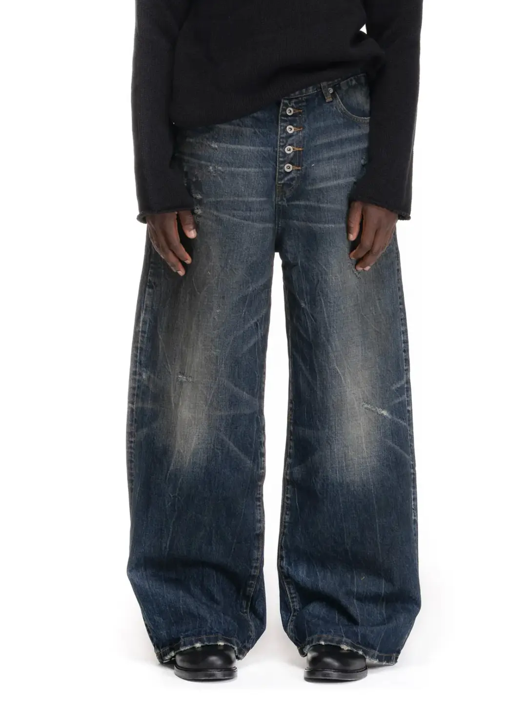 No Faith Studios Japanese Twill Washed Midnight Indigo Baggy Fit Jeans with Visible Buttons