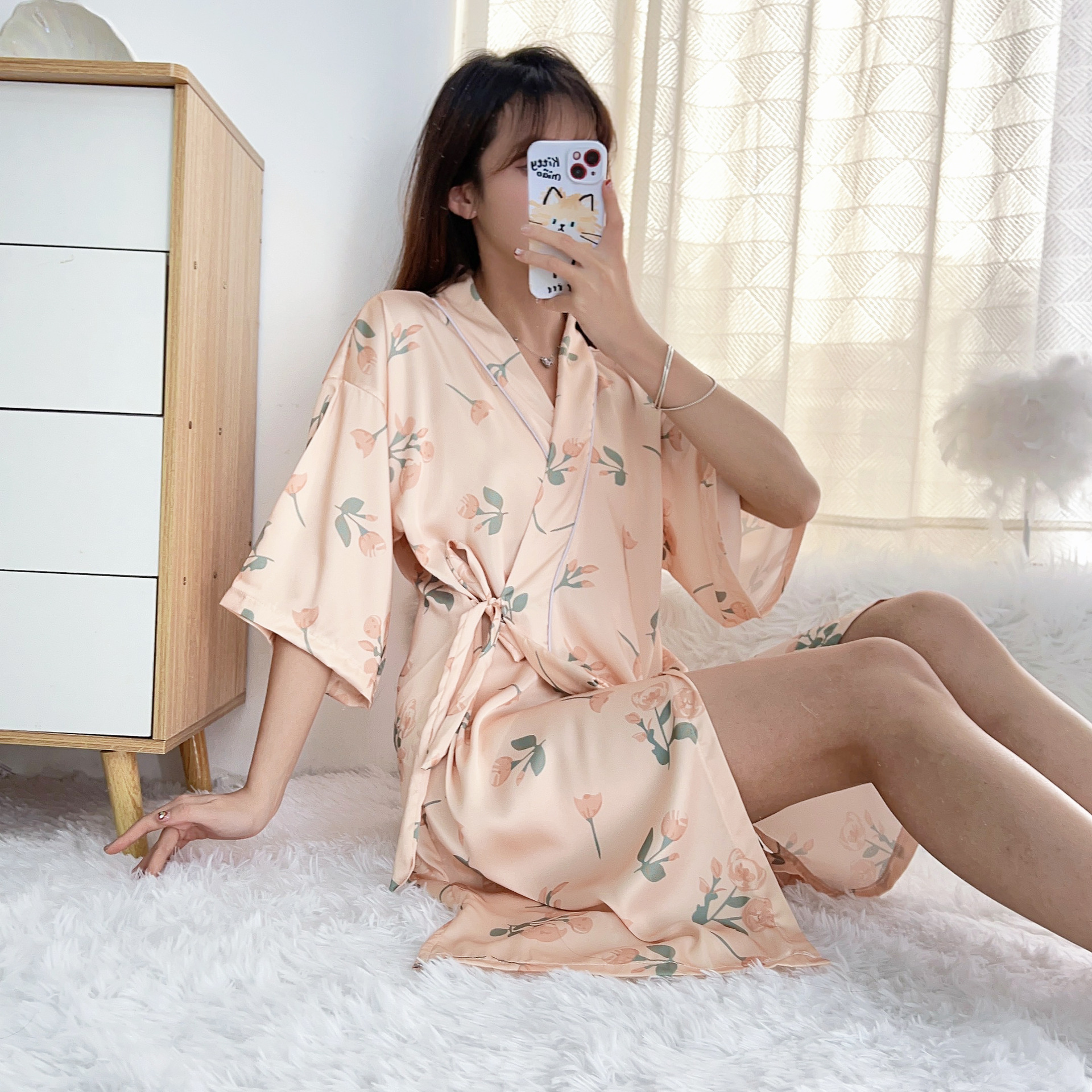 2026 New Spring and Autumn Women's Nightgown, Faux Silk Sexy Bathrobe, Ice Silk Sleepwear, Erotic Hotel and Beauty Salon Bathrobe