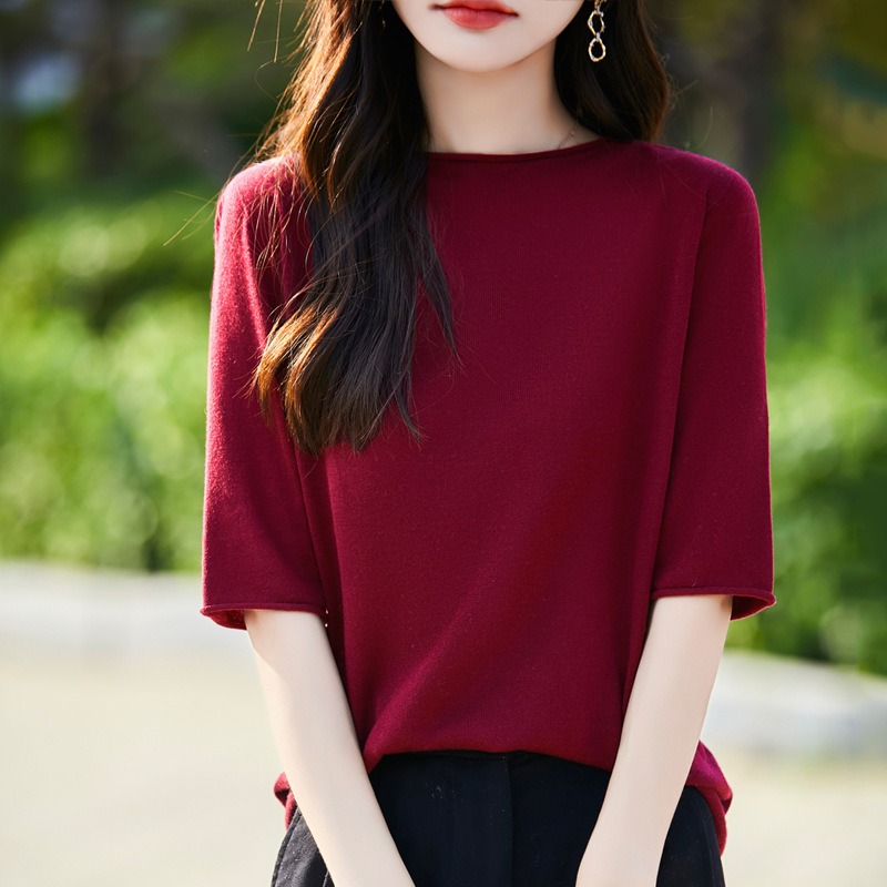 Women's Casual Pullover Knit Top with Round Neck, Wool, Three-Quarter Sleeves, Short Sleeves, and Half-Sleeve Design