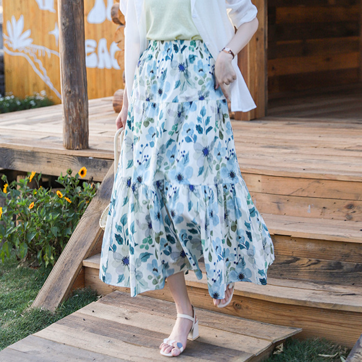 Fei Yuan Monet Garden Vintage Oil Painting Printed Skirt Women's Cotton Three-Layer High Waist Floral Mid-Length A- Line Skirt