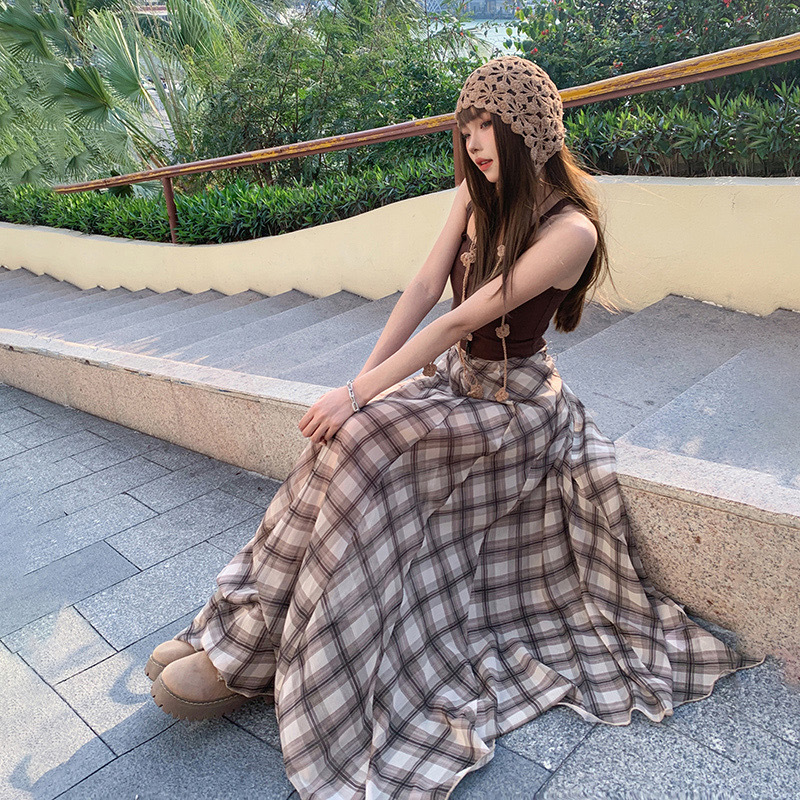 YC & American Retro High Waist Irregular Skirt Plaid Dagging Breathable Cool All-match Elegant Casual Skirt