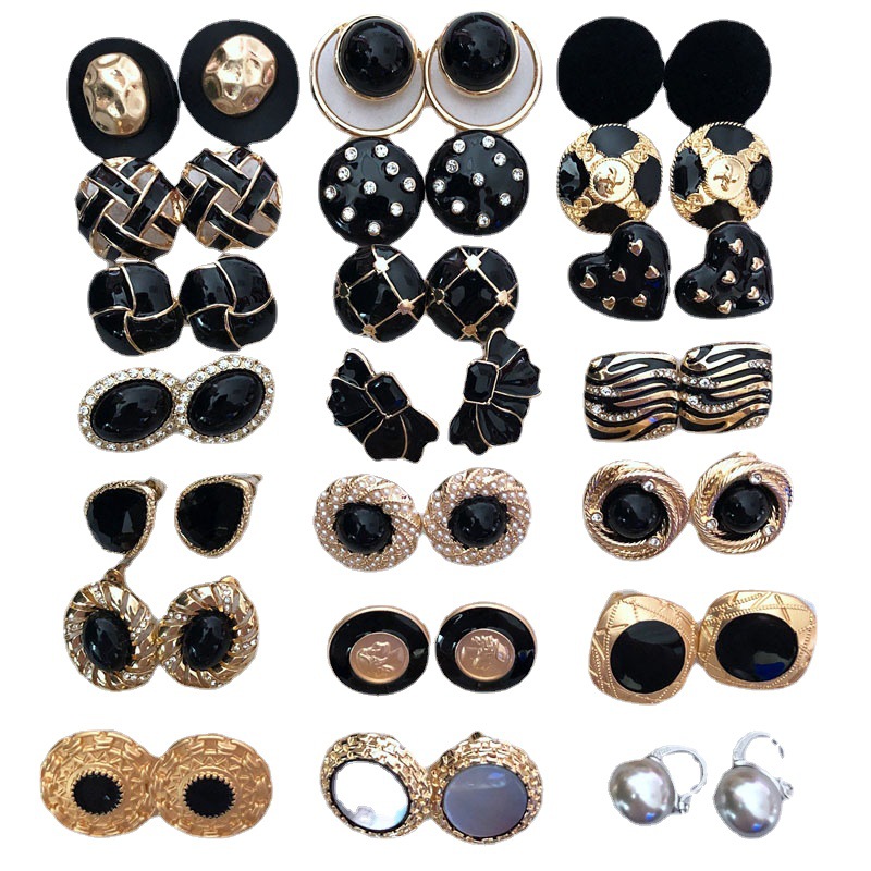 Middle Ancient Silver Needle Earrings Many Black Glaze Pearl Silver Needle Earrings Round Pattern Earrings Vintage Silver Needle Earrings
