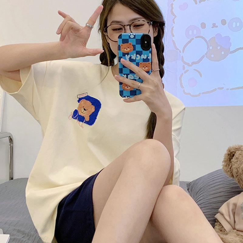 Pajamas for Women Summer Short-Sleeved Simple and Sweet Korean Cartoon Student Casual Home Clothes Loose Large Size Summer Suit