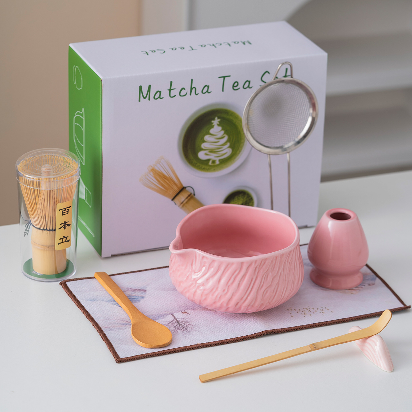 New Product: Tree Bark Pattern Matcha Bowl, Tea Whisk, Tea Towel, Tea Spoon, Matcha Tea Set, Song Dynasty Tea Tools Set, Exclusively for Cross-Border Supply
