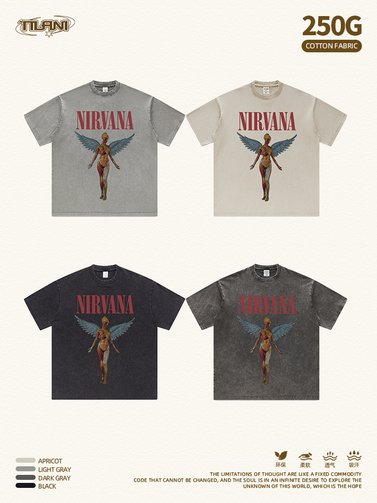Tilani Men's Clothing 250g Band Rock Nirvana Punk Retro Washed Short-Sleeved T-Shirt Loose Fit