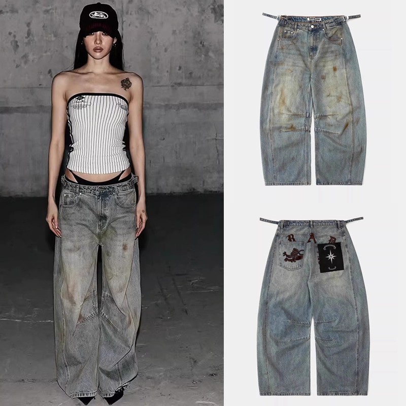 Korean Badblood Bcac Series American Retro Washed Distressed Jeans Women's Niche Casual Scimitar Pants