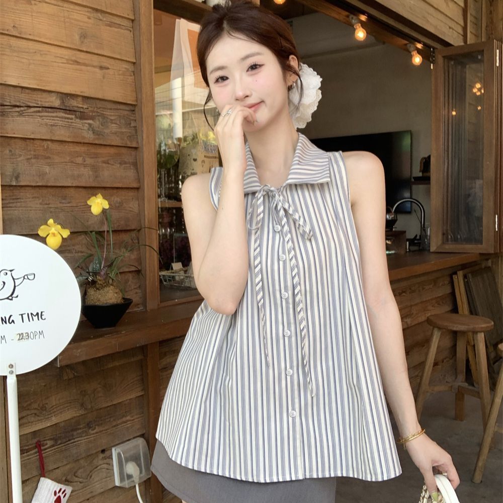 2025 Summer New Vintage Slim-Fit High-End Sleeveless Shirt Top for Women, Sweet Lace-Up Tank Top, Super Stylish Blouse