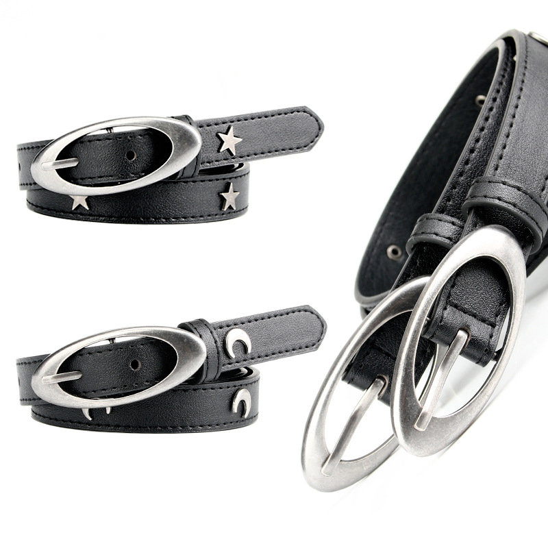 New Crescent Rivet Ancient Silver Belt Punk Style Fashionable Personality All-match Star Decorated Jeans Belt for Women