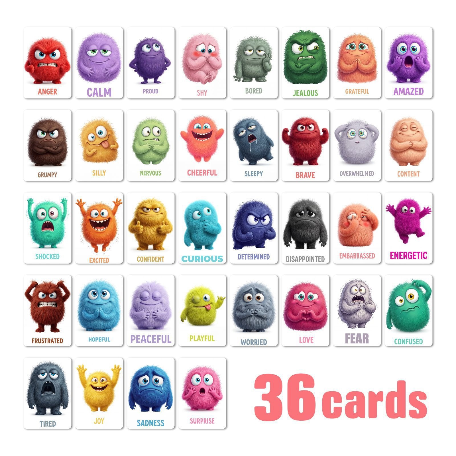 36 Cards/Pack of Monster Emotion Cards, Monster Cards with Different Emotions, Exaggerated Facial and Body Gesture Emotion Cards