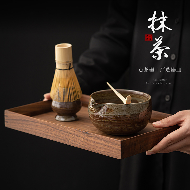 Japanese-Style Kiln-Fired Rustic Pottery Tea Utensils, Ceramic Tea Whisk Holder, Matcha Bowl, Matcha Spoon, 100-Prong Whisk, Kung Fu Tea Ceremony Accessories
