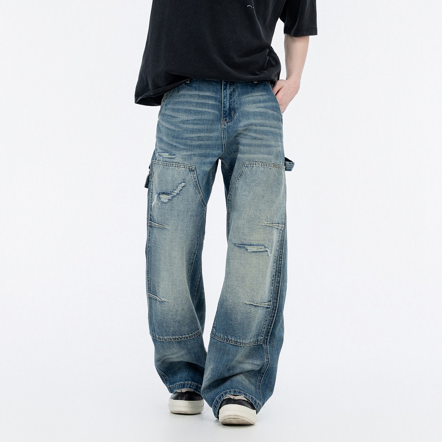 Men's American-Style Trendy Brand Jeans with Distressed Whiskers, Straight-Leg Wide-Leg Pants