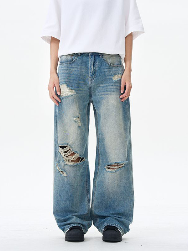 Mingge | American Retro Trendy Brand Distressed Ripped Jeans for Men 2025 New Loose Wide-Leg Straight Pants