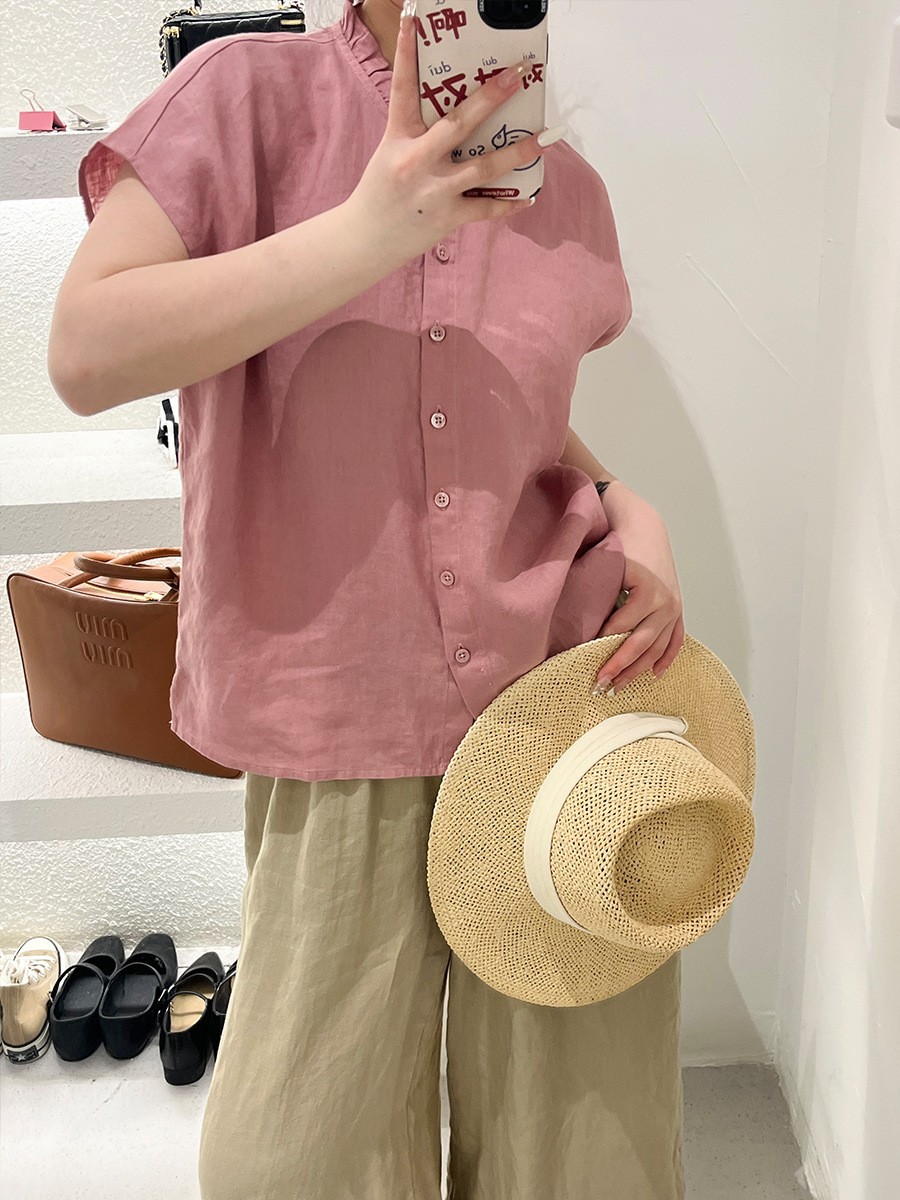 Plus Carefully Selected Plain Summer New 100% Linen Shirt Work Clothing Age-Reducing Lace Collar Small Shirt Short Top for Women