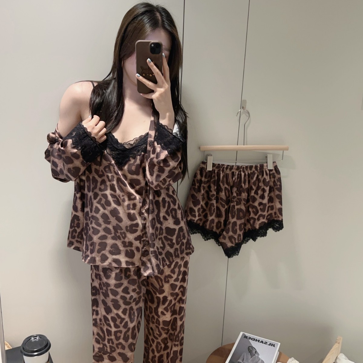 Summer Leopard Print Sexy Pajamas for Women Ice Silk Thin Satin Chiffon with Breast Pad Suspender Nightgown Four-Piece Home Wear Set