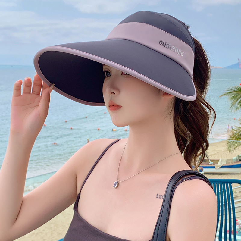 Sunshade Hat Women's Big Brim Empty Top Sunscreen Hat Summer Anti-UV Foldable Face Coverage Ice Silk Sun Fisherman Hat