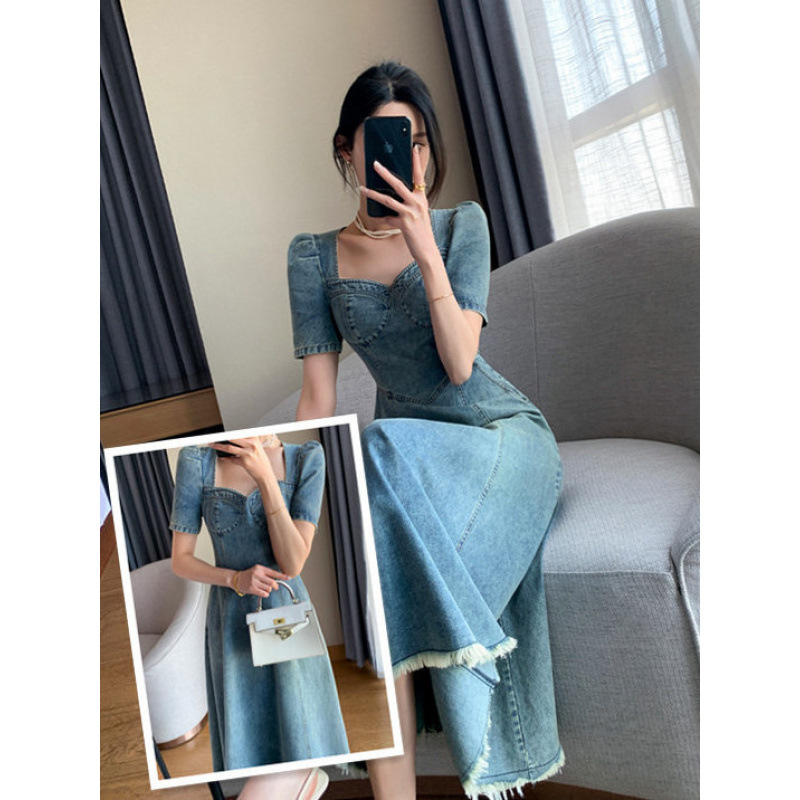 French Sweet Denim Tunic Dress for Women Summer New Square Neck Long Raw Edge Skirt