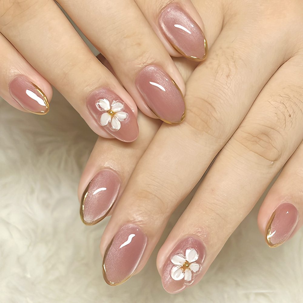 Short Oval Cat-Eye Daily Embossed Flower Press-On Nails 3D Gel Gold French Manicure 32 Pieces Nail Art Brightening
