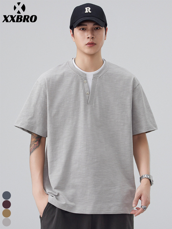 Muxi Clothing # Japanese Retro Trendy Henry Collar Fake Two-Piece Basic Casual Loose T-Shirt Versatile Short-Sleeve Men's Top