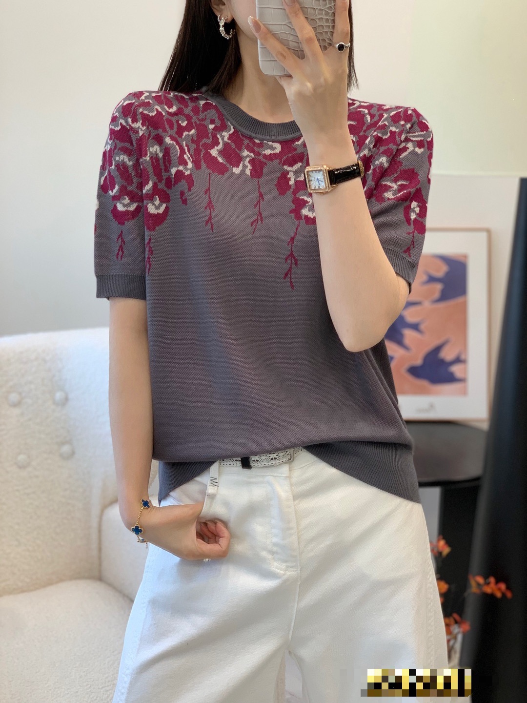 Summer Lyocell Tencel Color-Block Jacquard Knit Short-Sleeve Women's Elegant Round-Neck T-Shirt Half-Sleeve Retro Versatile Base Layer