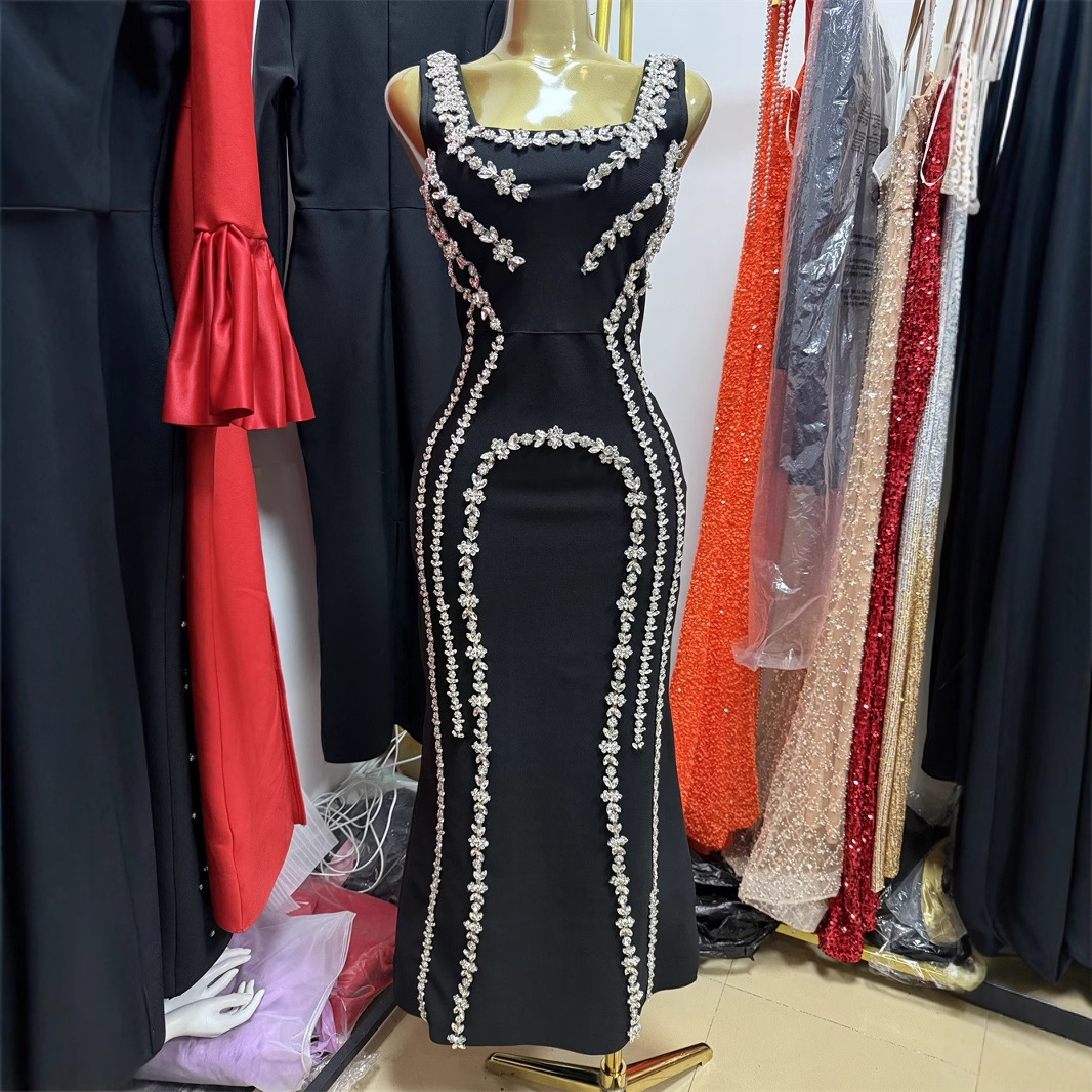 high quality Fashion Black Backless Strap V-Neck Slim-fit Diamond-embellished Tight Long Bandage dress Evening Dress