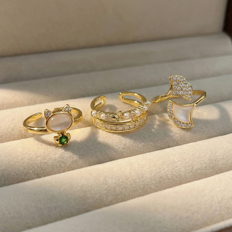 Light Luxury Exquisite Cat's Eye Leaf Multi-Layered Cross-Over Shell Pearl Green Diamond Zircon Open Ring Imitation Cat's Eye Stone Stackable Ring for Women