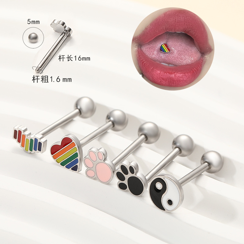 Wholesale Stainless Steel Cute Threaded Cat Claw Rainbow Tongue Rings Piercing Jewelry