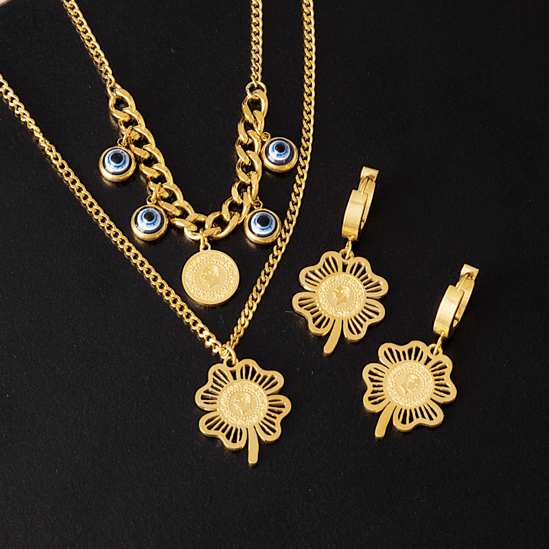 Cross-Border fashion new ear buckle suit round brand Eye head flower clavicle necklace women's double layered wear ginkgo leaf