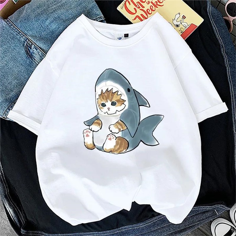 Specially Designed for Cross-Border Tops Woman 2025 t Shirt Kawaii Cat Shark Print T-Shi