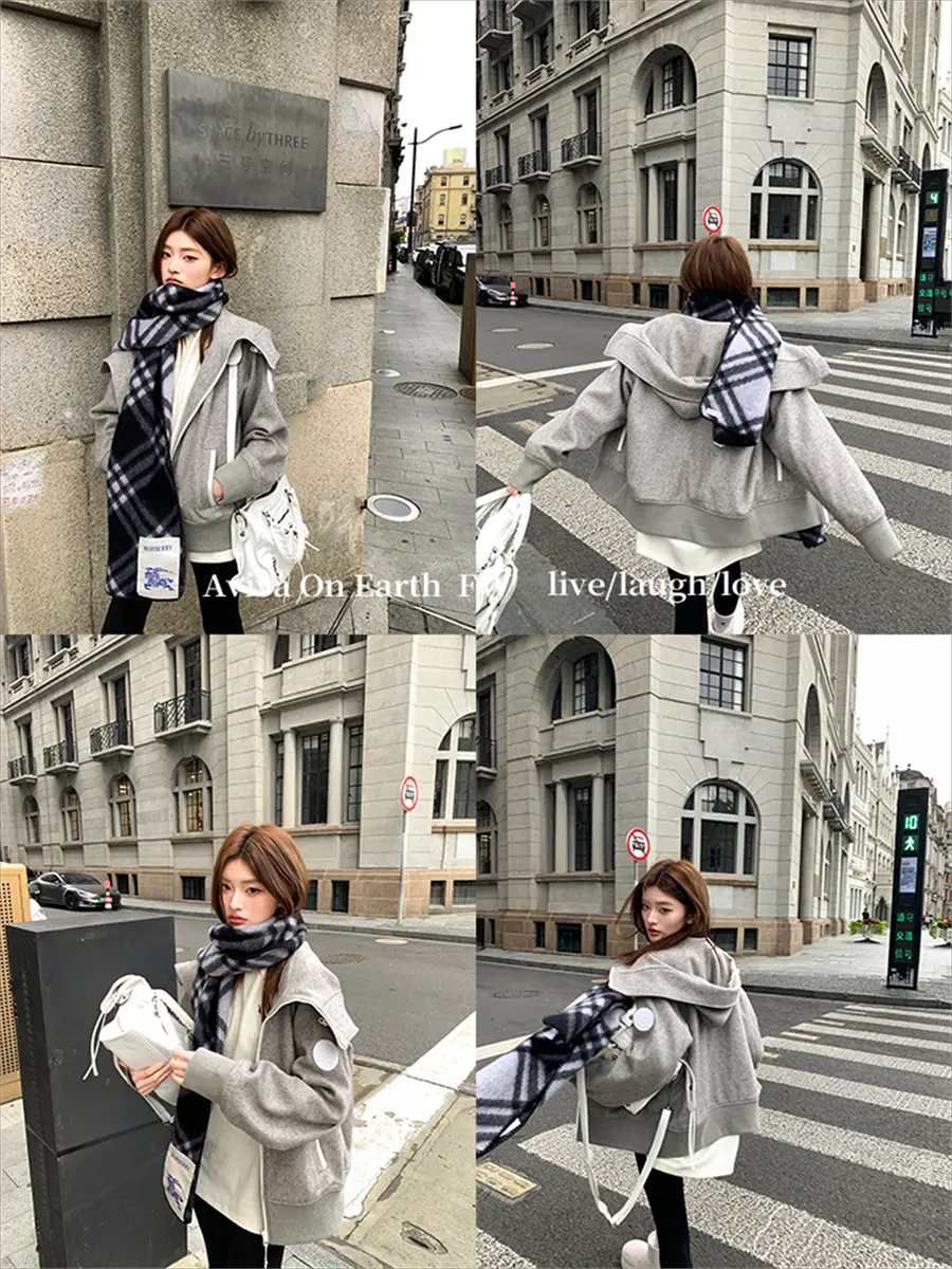 Earth Store Gray Loose Sports Goose Wool woolen Thick Style Outwear Women Fall and winter Contrast Color Casual Zipper Sweatshirt