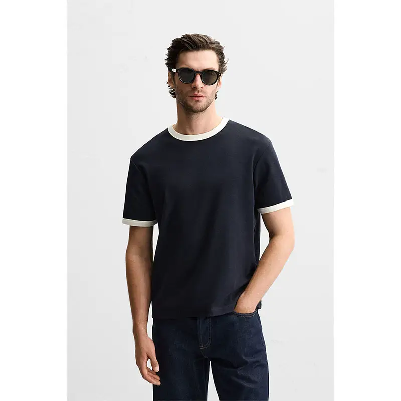 2025 Summer New Men's Round Neck Color-Block Embossed Slim Fit Short Sleeve T-Shirt Simple and Versatile 0761412