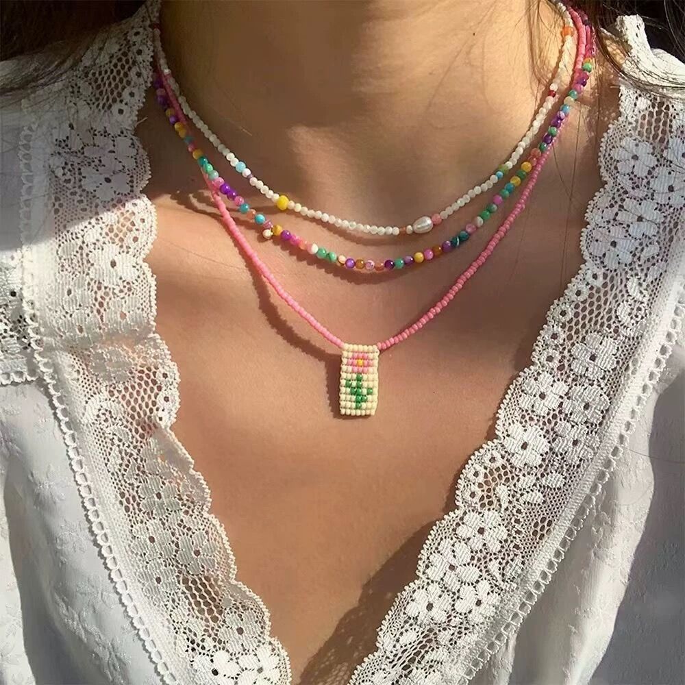 ANNI Candy Color Beaded Necklace Women's Niche Light Luxury Simple Fresh Hand-woven Rose Brand Rice Beads Clavicle Chain