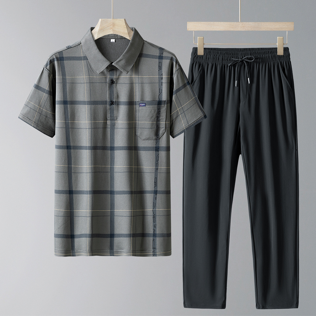 Father's Day Gift for Dad: Summer Set for Middle-Aged and Elderly Men, Ice Silk Short-Sleeve T-Shirt, Polo Shirt, and Long Pants Two-Piece Set