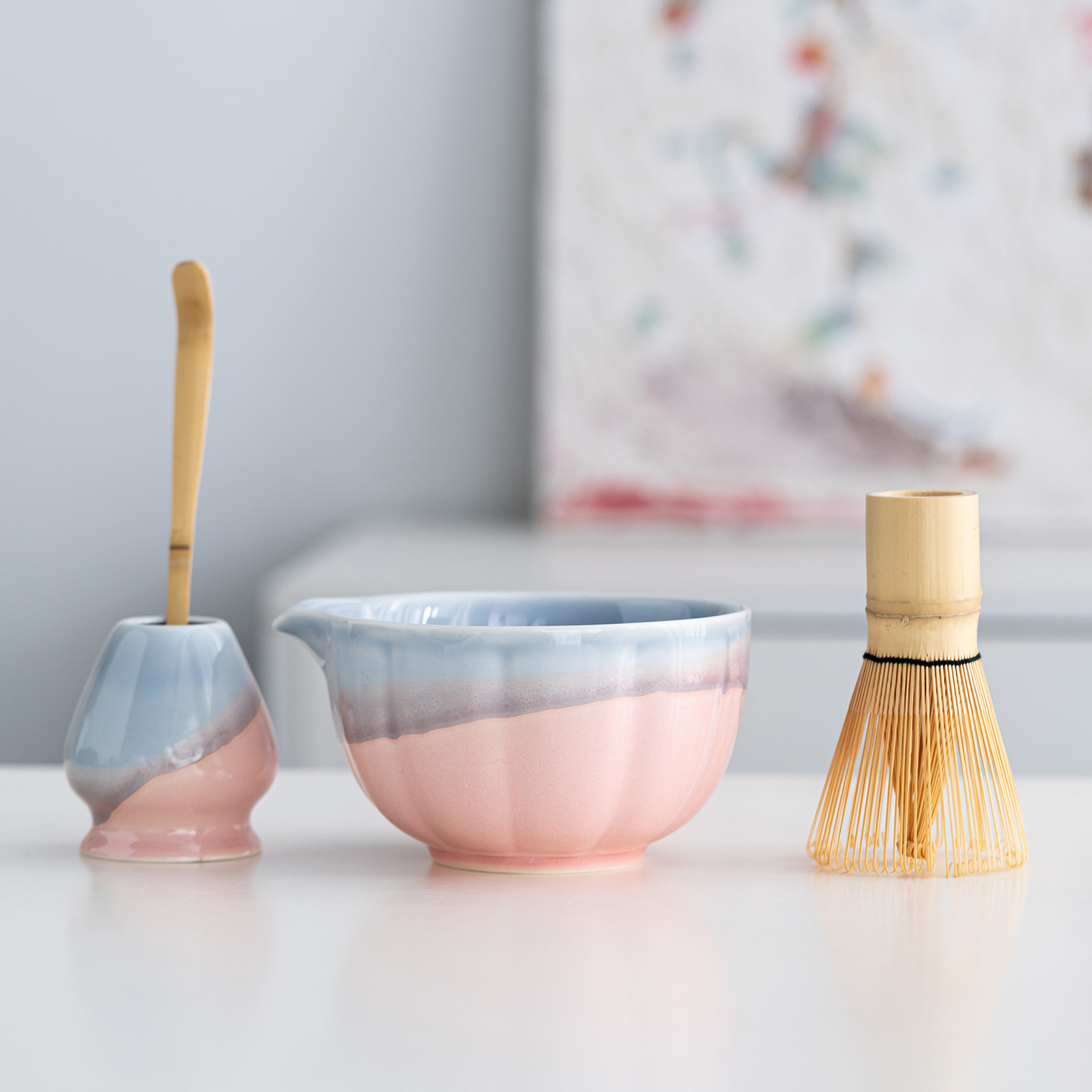 Japanese Matcha Bowl Kiln-Fired Pink Ceramic with Spout, Chasen Whisk, 4-Piece Set, 8-Piece Set, Tea Tools Set, Tea Set, Cross-Border