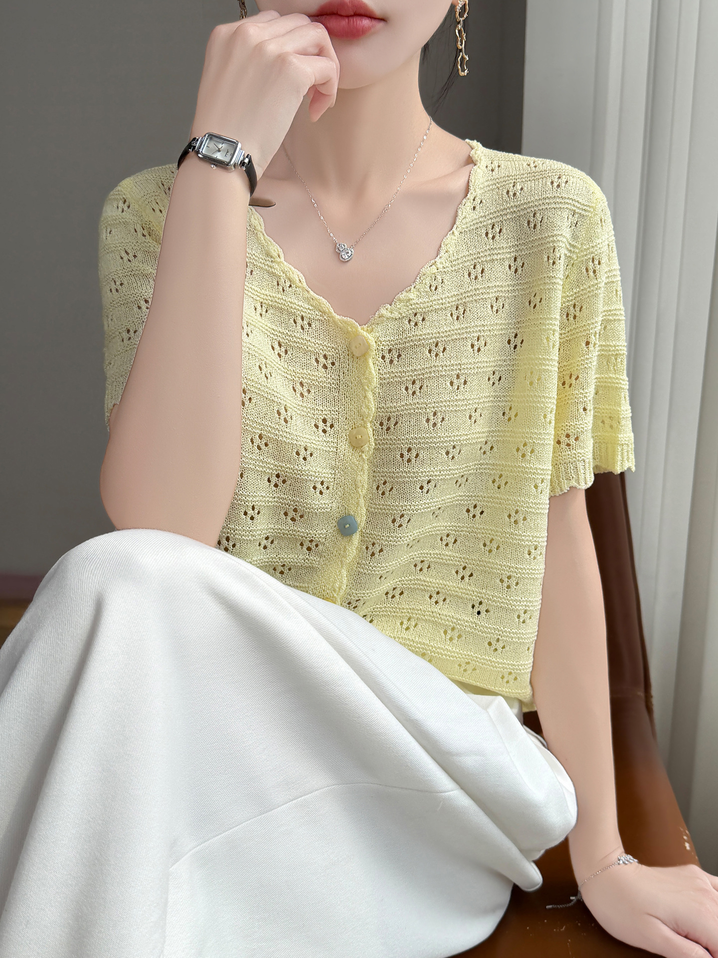 26 New Spring and Summer Tencel Lyocell V-Neck Knitted Cardigan Short-Sleeved Women's Colorful Buttoned Solid Color Hollow-Out Loose Top