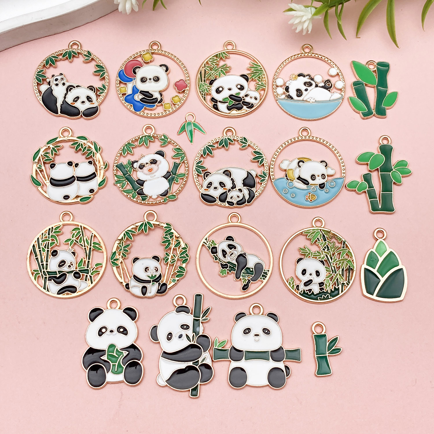 National tide cute panda bamboo oil alloy keychain accessories diy pendant mobile phone chain pendant handmade materials