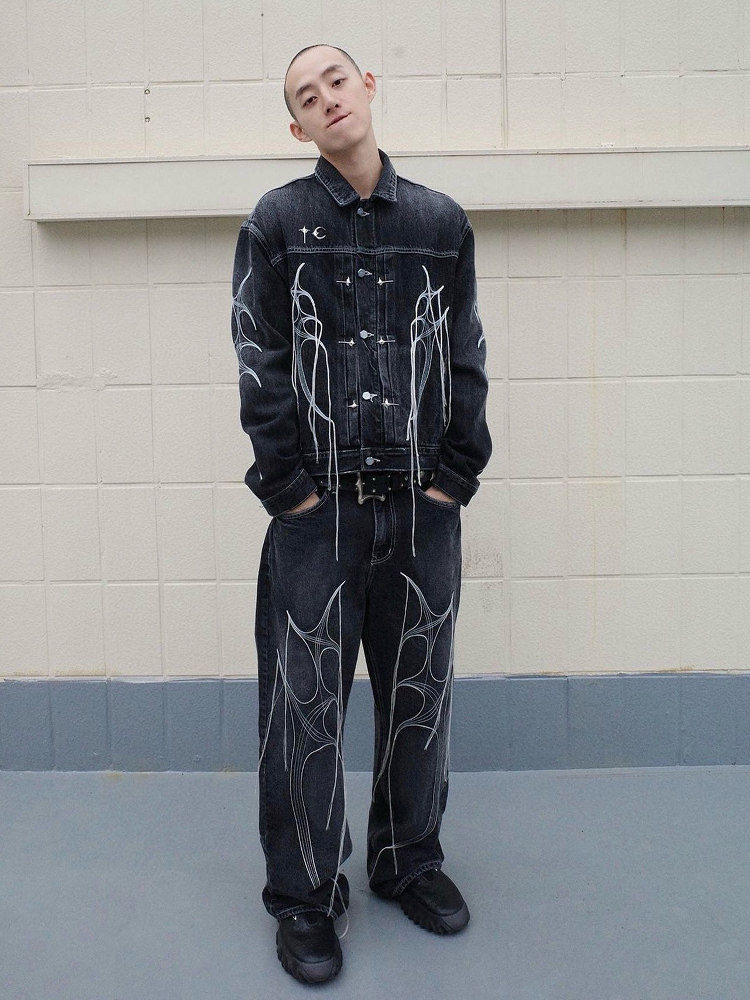 Tc Thug Club News Tassel Washed Black Embroidered Loose Trousers with Drape Effect Casual Straight-Leg Jeans for Men