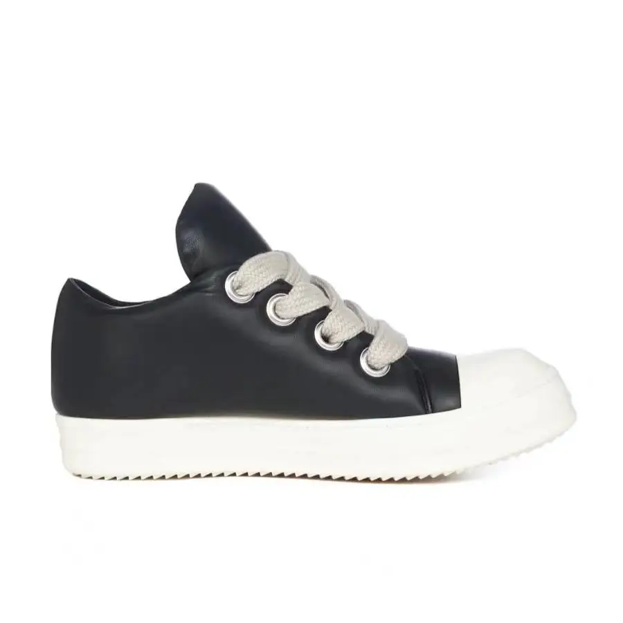 High Street Four-Hole Thick Lace Sneakers Thick Sole Black and White Round Toe Genuine Leather Bread Shoes for Men and Women Same Style Ro Fat Sneakers