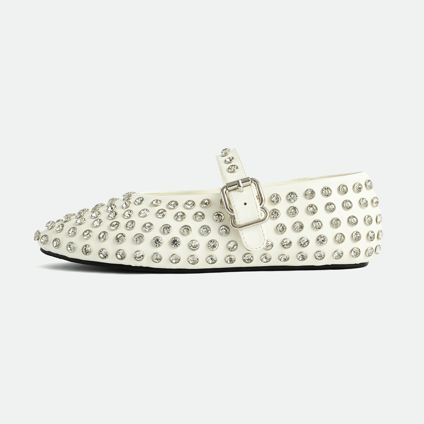 Cross-Border New Export Women's Shoes Catwalk Shoes with Rivets Full of Diamonds and One-Strap Niche Large Size Round Toe Ballet Shoes for Women